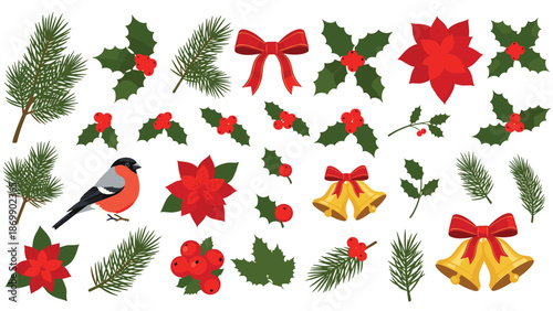 Large collection of Christmas themed icons including holly leaves, red berries, pine branches, bells, and a robin bird.