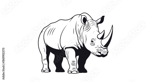 Detailed black and white line art illustration of a powerful rhinoceros standing on a plain white background.