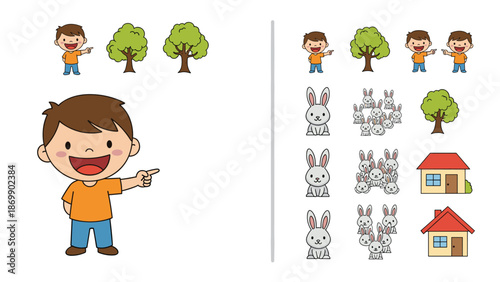 Childrens educational worksheet showing singular and plural concepts with a boy pointing to trees, rabbits, and houses.