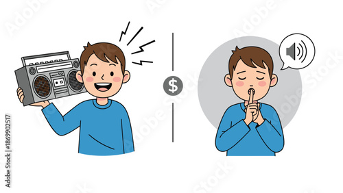 Comparison of noise levels showing a boy with a loud radio versus a boy making a quiet gesture for silence in a social environment.