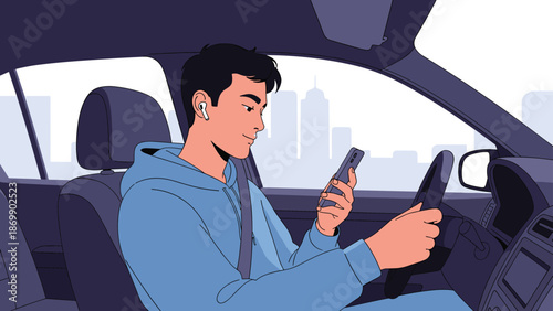 Distracted young man looking at his smartphone while driving a blue car through a city background with earbuds on his ears.