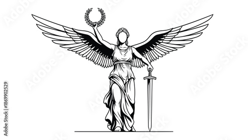 Majestic black and white illustration of a winged goddess holding a laurel wreath and a sword representing victory.