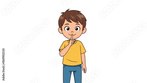 Cartoon boy in a yellow shirt making a quiet gesture with his finger on his lips to signal for silence at school.