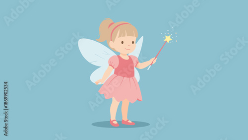 Adorable fairy girl with wings and a magic wand dressed in a pink petal skirt against a solid blue background.