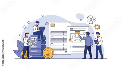 Professional team analyzing financial documents and business data with charts and money icons in a modern flat office setting.
