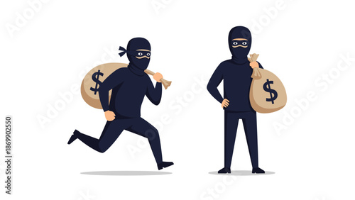 Two masked burglars wearing black outfits carrying heavy bags of stolen money with dollar signs on a plain white background.