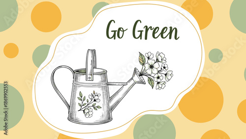 Watering can with blooming flowers and the text Go Green on a decorative background with various yellow and green circles.