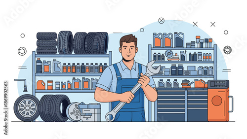 Friendly mechanic standing in a well-equipped auto repair shop holding a large wrench surrounded by tires and various tools.