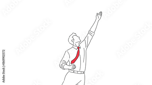 Determined businessman in a white shirt and red tie looking up and reaching high towards his goals on a plain white background.