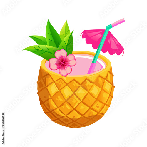 Vibrant pineapple cocktail with pink umbrella and flower garnish