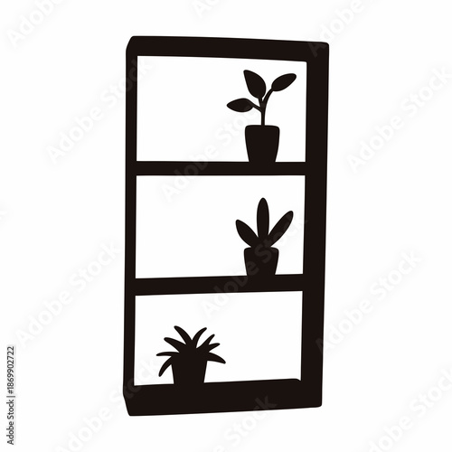 Stylized Silhouette of a Three Tier Shelf with Plants on Each Level