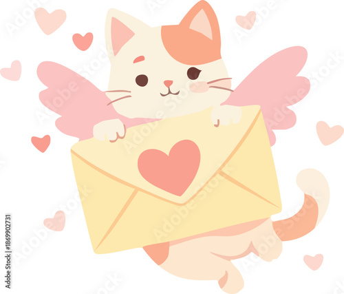 A cute pastel illustration of a winged cat holding a love letter envelope with a heart, surrounded by floating hearts
