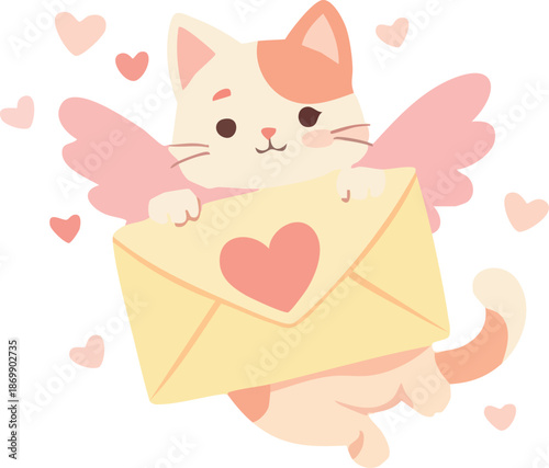 A cute pastel illustration of a winged cat holding a love letter envelope with a heart, surrounded by floating hearts
