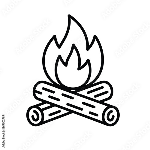 Simple black and white line art illustration of a campfire with logs and flames.