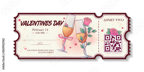 Vector illustration of a romantic Valentine’s Day ticket with champagne glasses and roses. Elegant invitation design for love celebration, wedding party, date night, or festive event promotion.