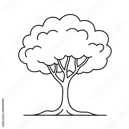 Simple black and white outline drawing of a deciduous tree with a full canopy and visible trunk and roots, perfect for coloring or minimalist design.