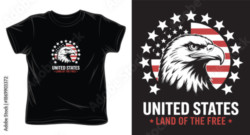 United States land of the free eagle t-shirt design with circular star frame and patriotic american flag graphic