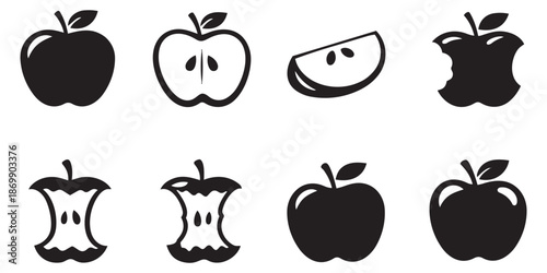 Simple icon apple set featuring whole fruits, half apples, slices, and cores for food and nutrition designs