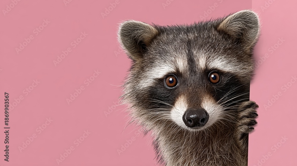 Fototapeta premium Raccoon peeking from behind a solid pink background panel, showcasing expressive wide eyes and a playful demeanor, embodying a vibrant pop-meme aesthetic with modern composition and colorful elements