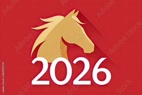Minimalist Chinese New Year poster design featuring a golden horse symbolizing the year 2026, set against a vibrant red background with ample copy space for text