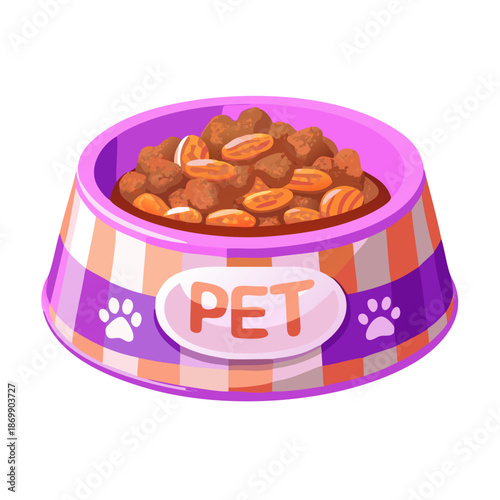 A closeup of a brown pet dog and a cat eating healthy dry food from a white bowl on a plate next to a bag of money and coins isolated on a background with coffee and nuts