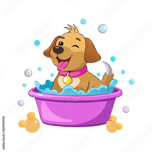 A happy cartoon dog takes a fun bubble bath in a clean bathroom tub filled with soap foam and water toys for a hygiene themed vector illustration