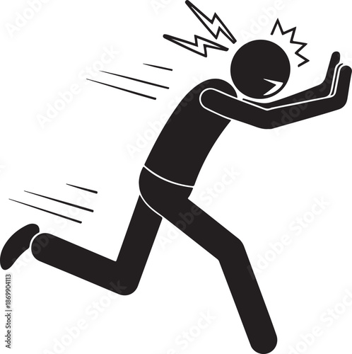 Person experiencing headache while running and hitting wall