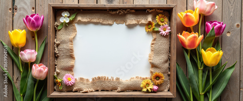 Rustic frame decorated with colorful tulips and wildflowers on burlap  