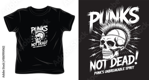 Punks not dead skull illustration with mohawk and barbed wire for apparel