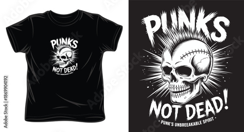 Punks not dead skull illustration with mohawk and barbed wire for apparel