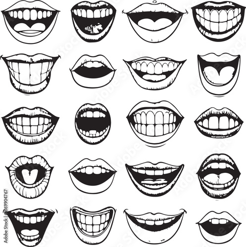 Various smiling mouths and lips expressions in black and white
