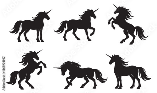 Graphic unicorn set featuring mythical horses in various poses for fantasy designs