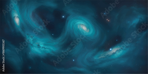 An abstract blue space background features a dark nebula texture with bright light energy, blending fractal water waves and star patterns into a motion art design