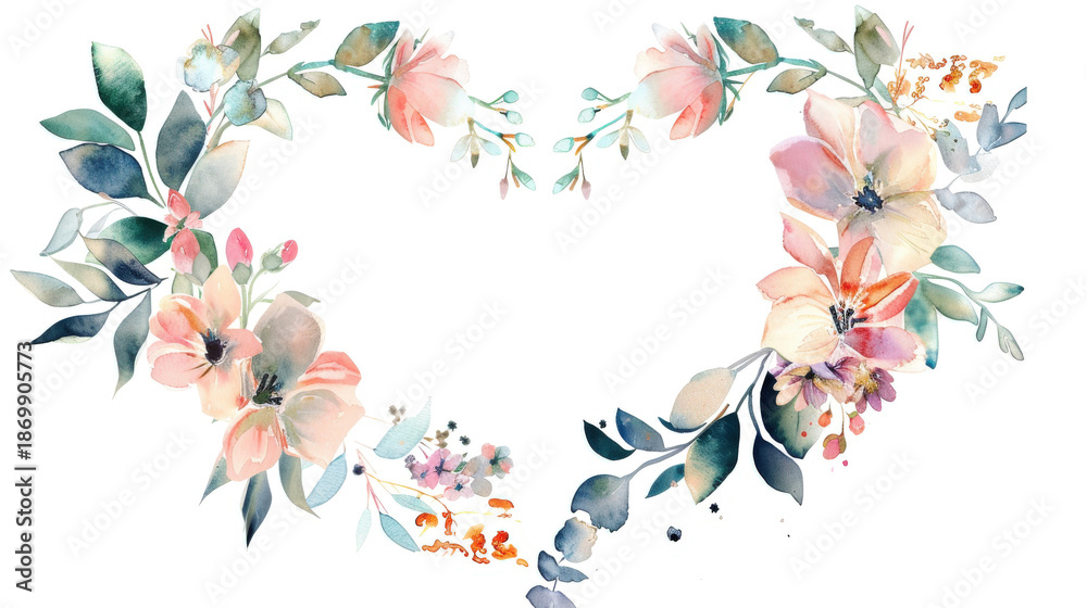 Obraz premium Watercolor Floral Heart Frame with Pink Roses and Green Leaves Illustration