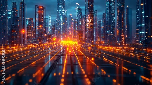 Low angle static shot: A futuristic city at night with glowing orange lights and tall skyscrapers.