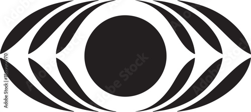 Black and white stylized eye with concentric circles and elongated eyelashes