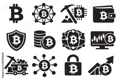 Simple cryptocurrency icon set featuring symbols, mining, wallet, and security elements for digital currency and blockchain concepts