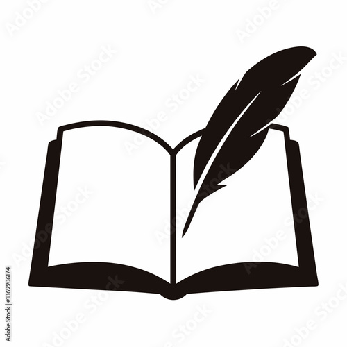 Open book with feather quill illustration symbolizing education, knowledge and learning