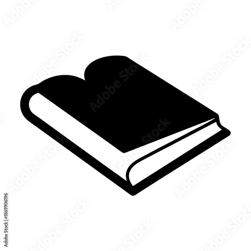 Black and white illustration of a thick opened book on its spine
