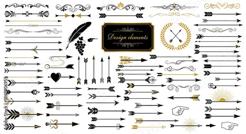 Collection of black and gold arrows and design elements