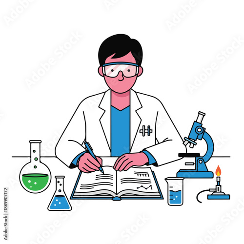 Vector illustration of a cartoon scientist character working in a medical laboratory with test tubes for science and health medicine research