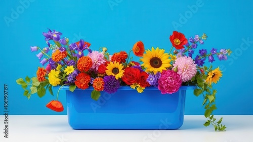 Bright blue container filled with diverse colorful summer flowers
