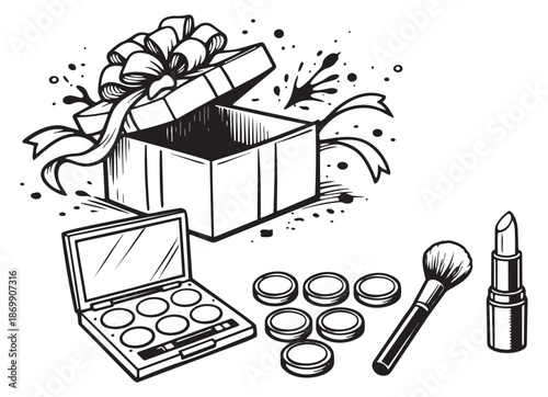 Hand drawn line art beauty set featuring an open gift box, an eyeshadow palette, a makeup brush, and lipstick for gifting and cosmetics