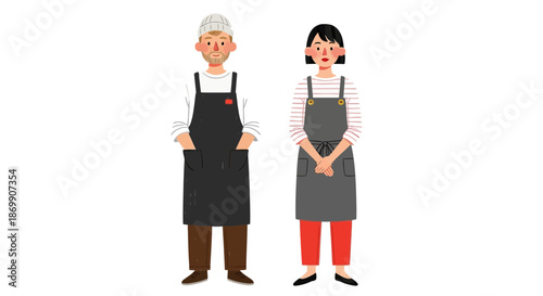 Illustration of a man and woman wearing aprons standing side by side