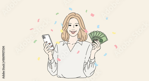Happy woman holding cash and smartphone with confetti