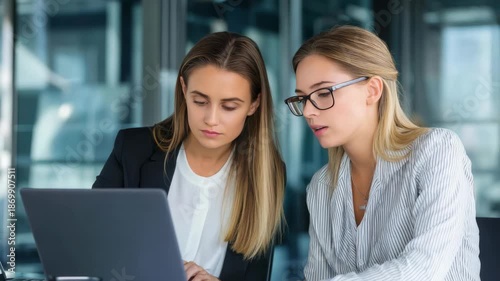 Two professional women collaborating on a laptop in a modern office environment