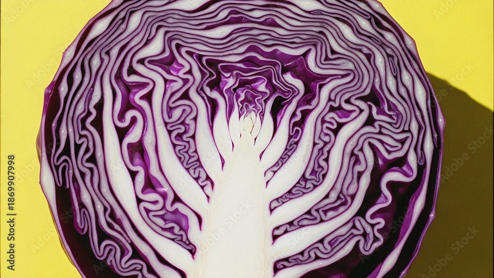 Obraz premium Close-up of a vibrant red cabbage cross-section revealing its intricate purple and white patterns against a contrasting yellow background, perfect for healthy food and cooking themes.
