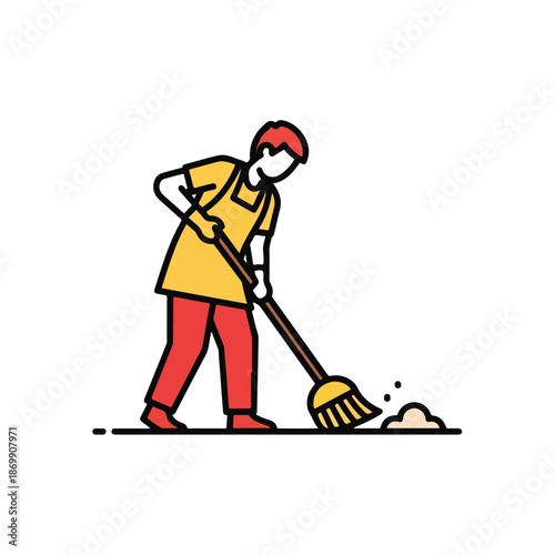 Cartoon vector illustration of a construction worker or cleaner person wearing a hat and using a shovel to work with snow in winter