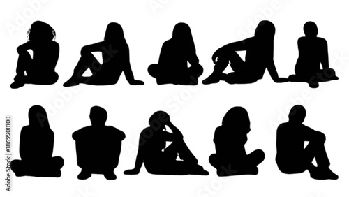 A diverse collection of black silhouettes depicting people sitting in various relaxed postures