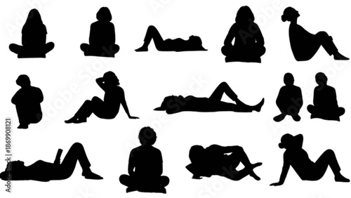 Collection of diverse female and male silhouettes in various relaxed sitting and lying poses